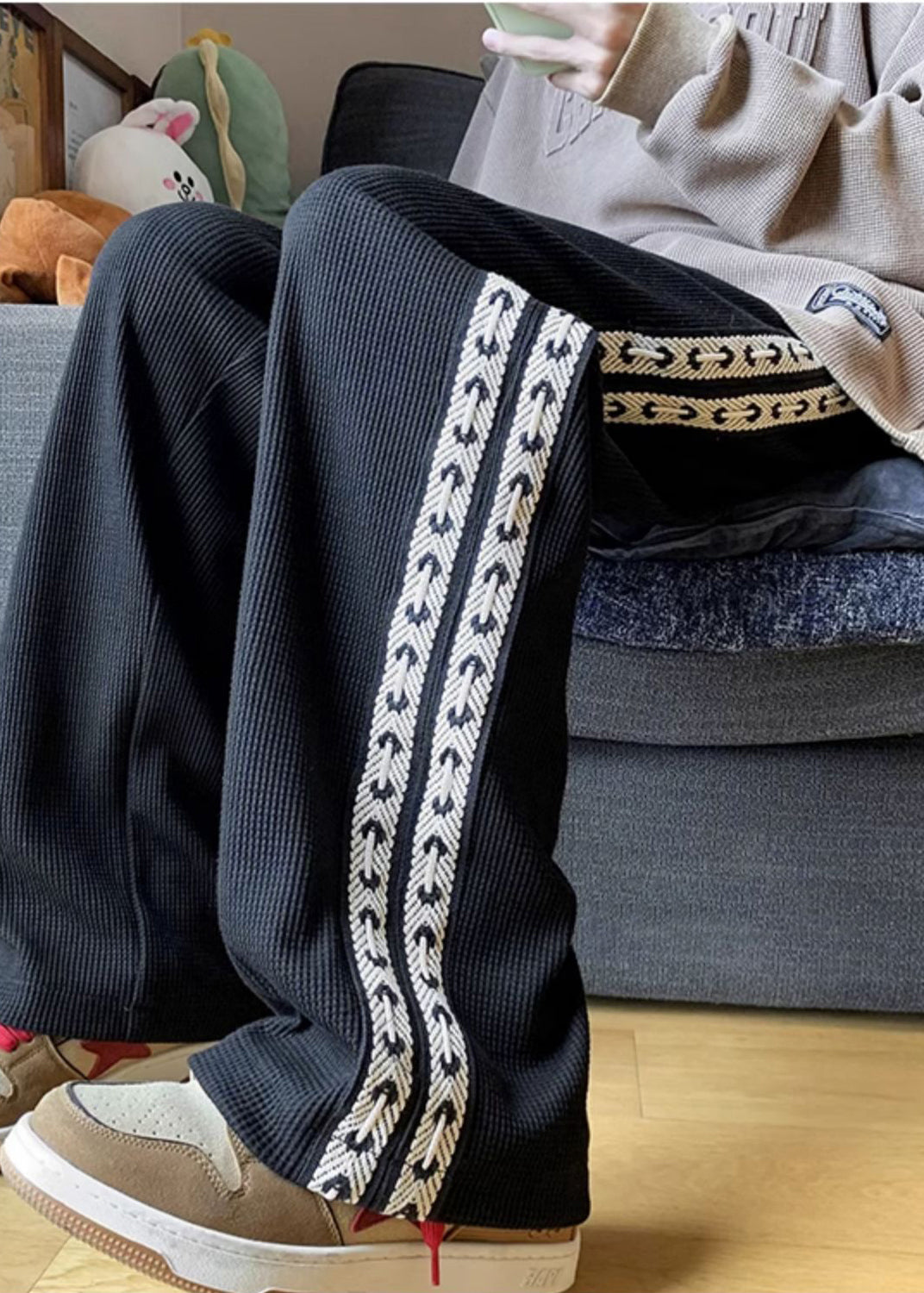 Pants Casual Spring Patchwork Cotton Black Men Oversized