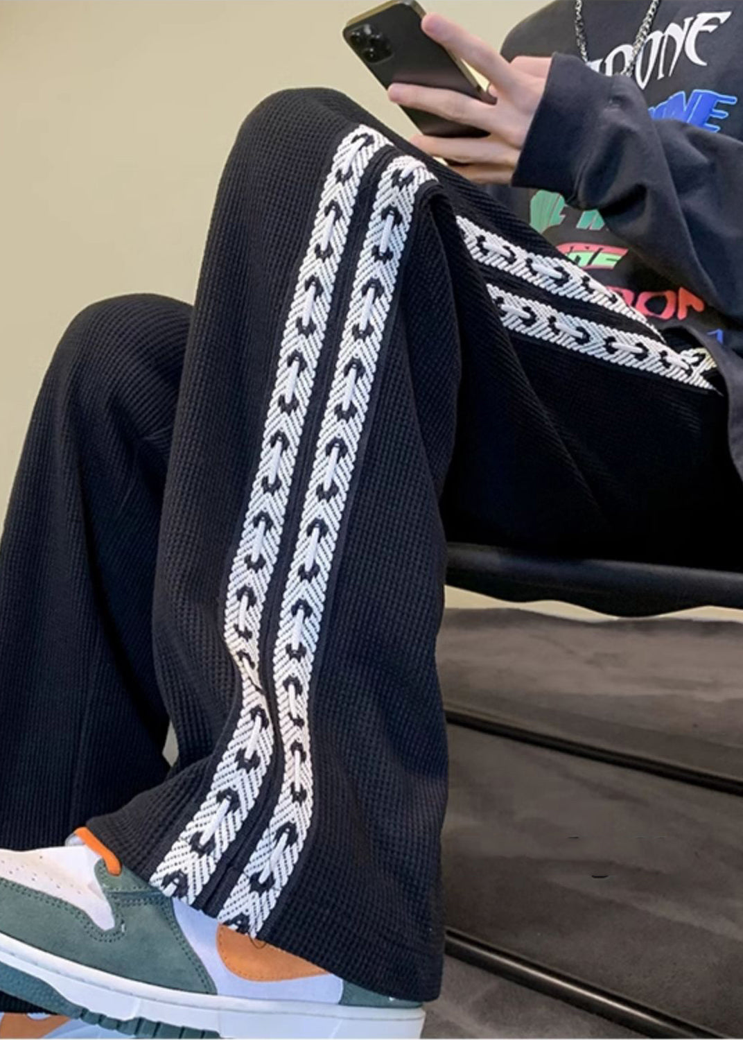 Pants Casual Spring Patchwork Cotton Black Men Oversized