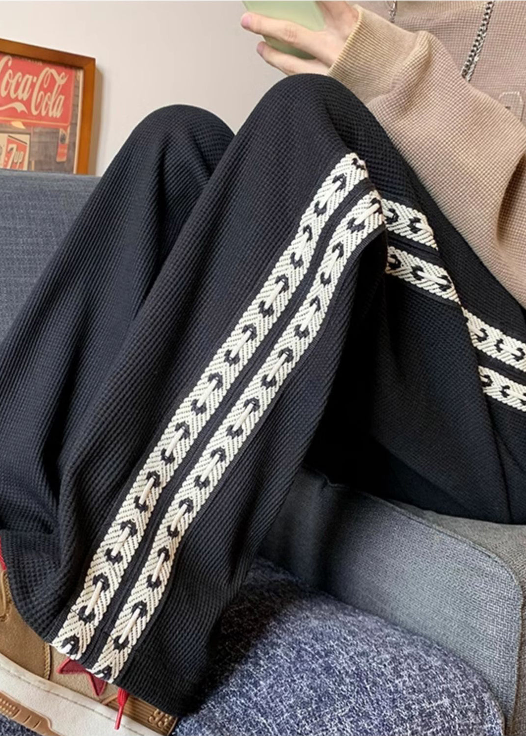 Pants Casual Spring Patchwork Cotton Black Men Oversized