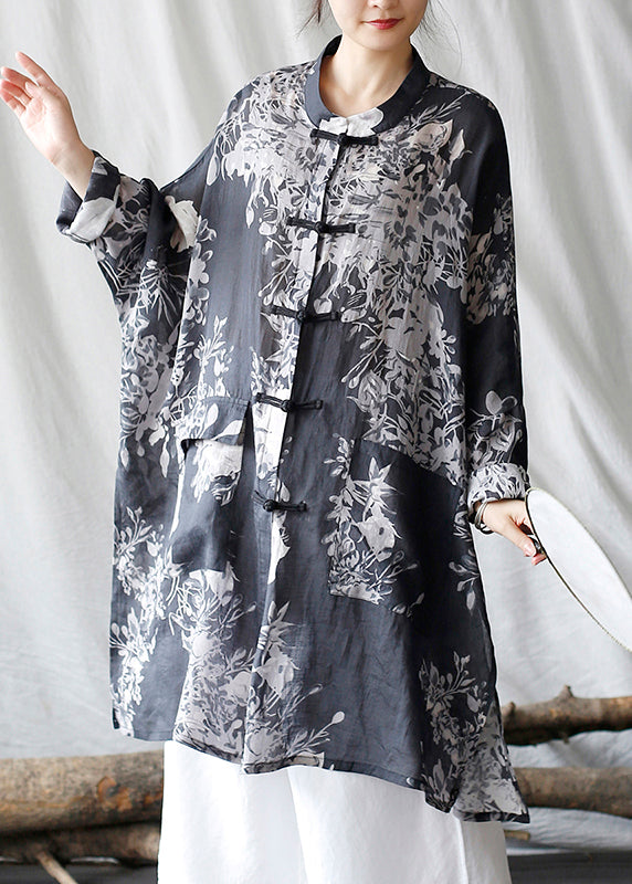 Casual Black Oversized Print Linen Oriental Cardigan Spring TM008