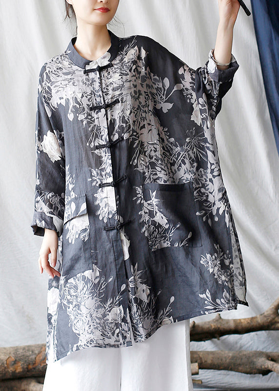 Casual Black Oversized Print Linen Oriental Cardigan Spring TM008