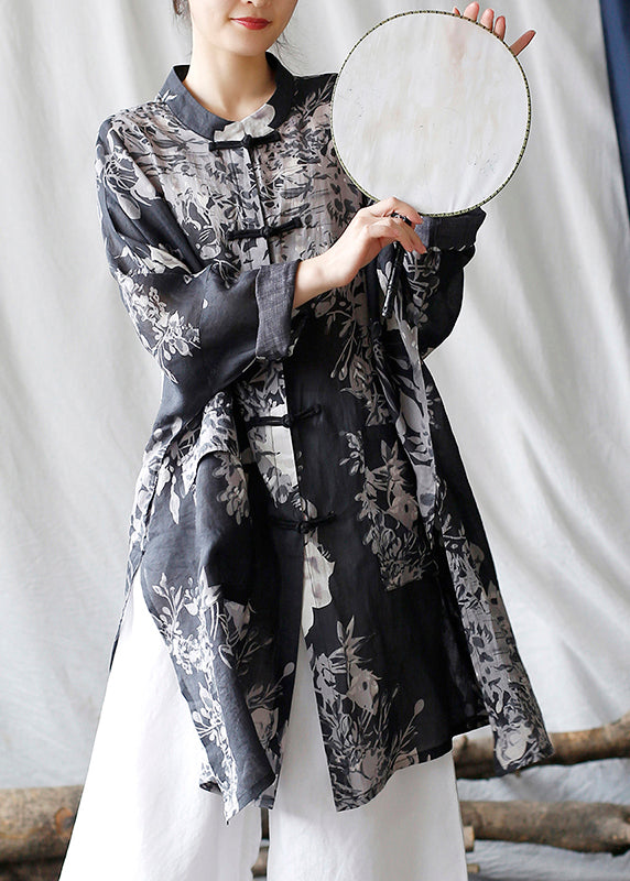 Casual Black Oversized Print Linen Oriental Cardigan Spring TM008