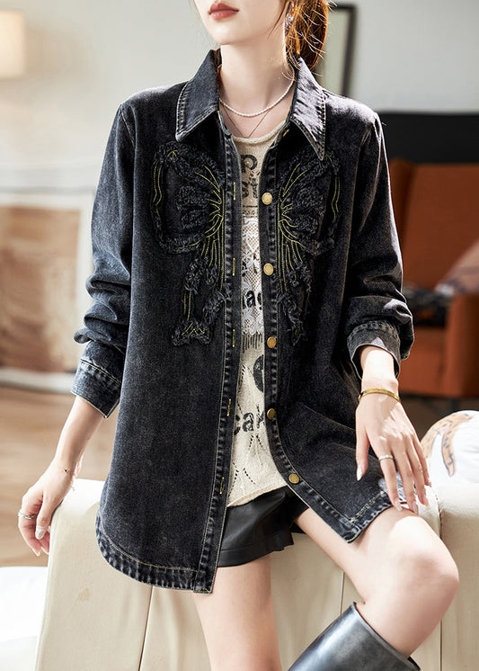 Patchwork Denim Coats Black Pan Collar Peter Spring Casual Button