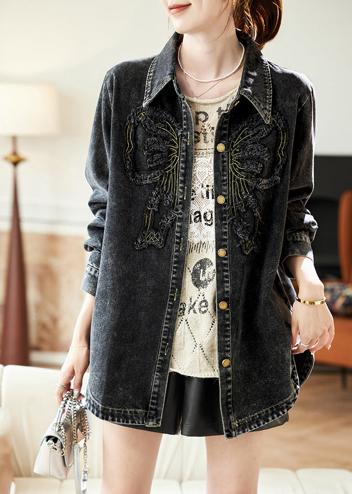 Patchwork Denim Coats Black Pan Collar Peter Spring Casual Button