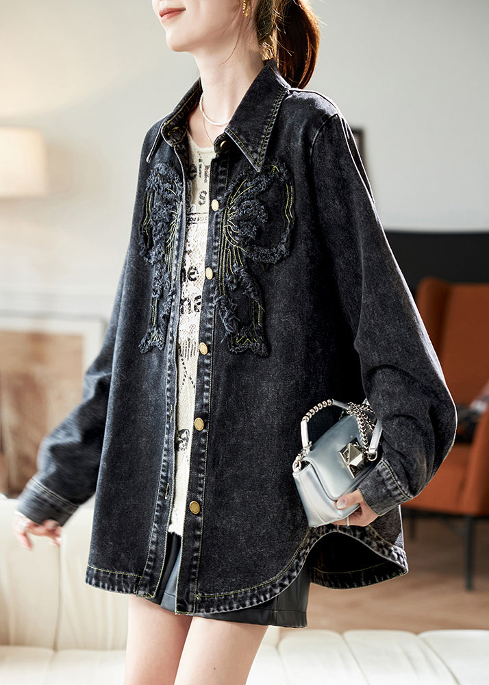 Patchwork Denim Coats Black Pan Collar Peter Spring Casual Button