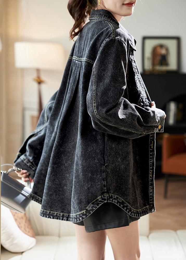 Patchwork Denim Coats Black Pan Collar Peter Spring Casual Button