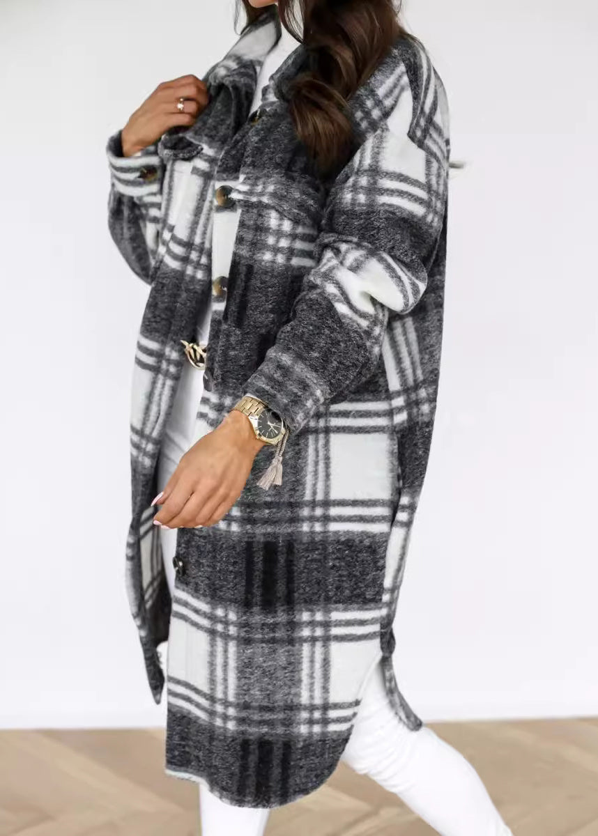 Spring Coat Woolen Peter Collar Casual Black Plaid Pan Shirts