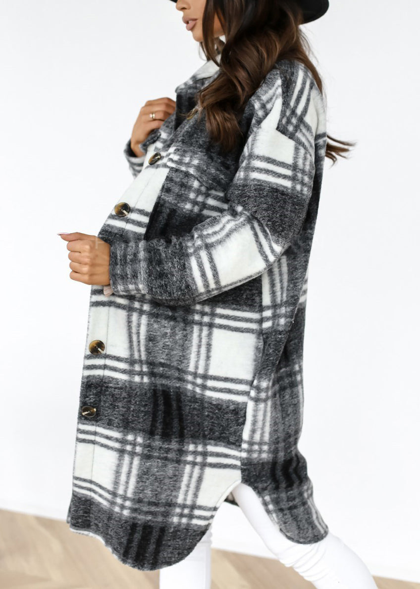 Spring Coat Woolen Peter Collar Casual Black Plaid Pan Shirts