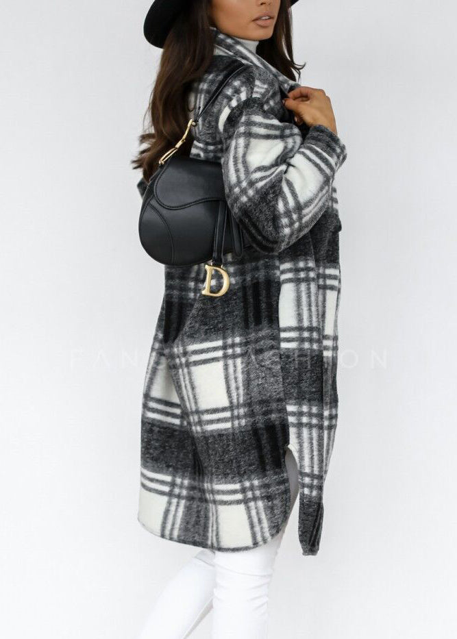 Spring Coat Woolen Peter Collar Casual Black Plaid Pan Shirts