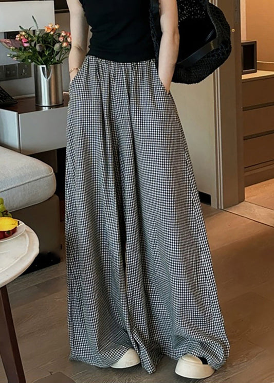 Casual Black Plaid Pockets Elastic Waist Wide Leg Pants VB1045