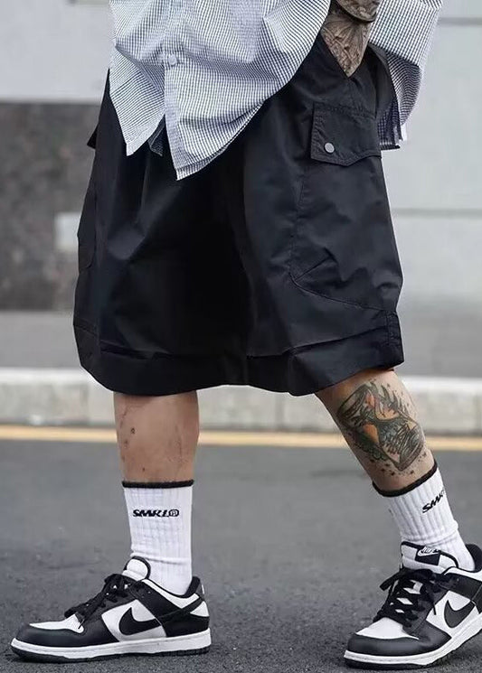 Solid Elastic Cotton Men Casual Black Pockets Shorts Waist Summer