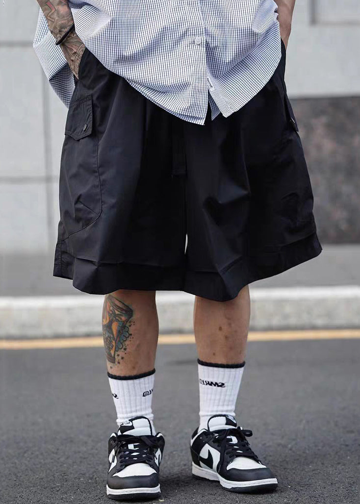 Solid Elastic Cotton Men Casual Black Pockets Shorts Waist Summer