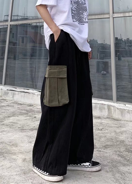 Wide Black Cotton Casual Men Patchwork Pants Leg Summer Pockets