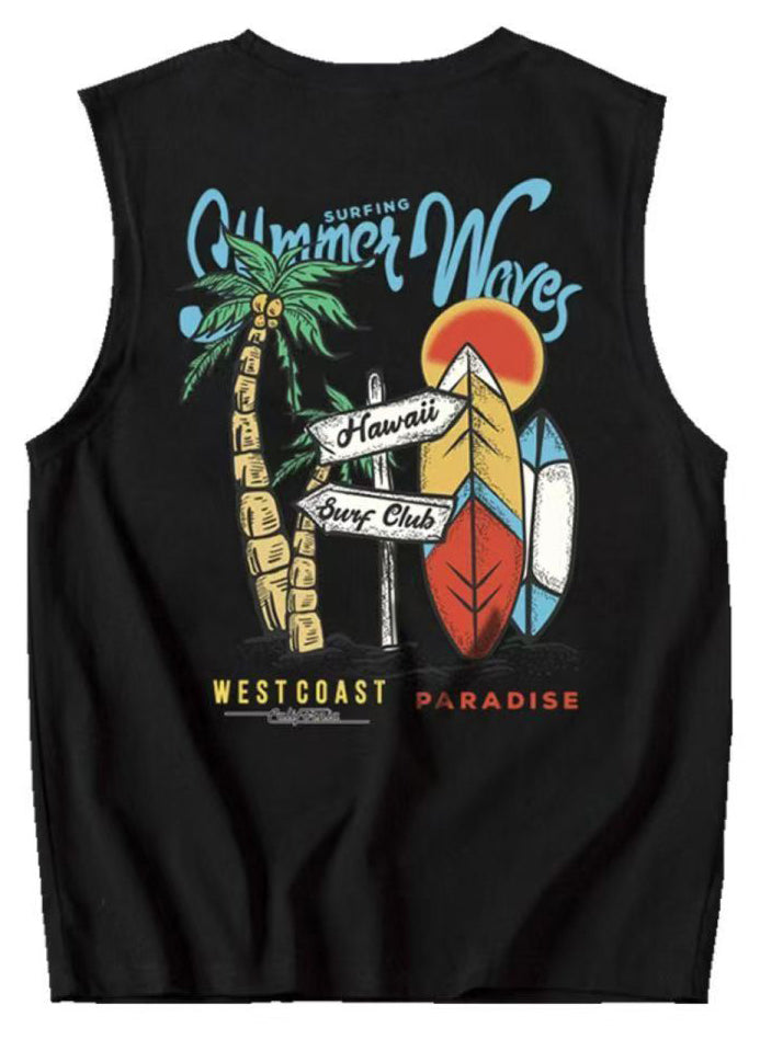 Casual Cotton Cozy Graphic Men Tees Print Black Sleeveless