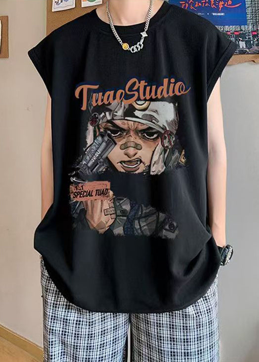 Mens Tanks Summer Print Casual Oversized Cotton Black