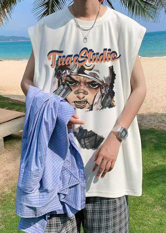 Mens Tanks Summer Print Casual Oversized Cotton Black