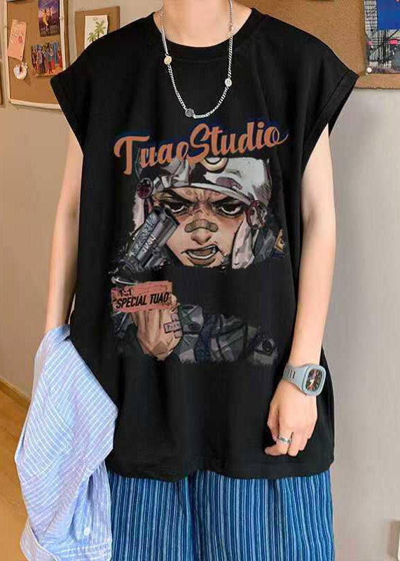 Mens Tanks Summer Print Casual Oversized Cotton Black