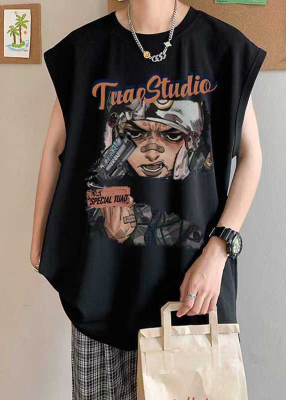 Mens Tanks Summer Print Casual Oversized Cotton Black