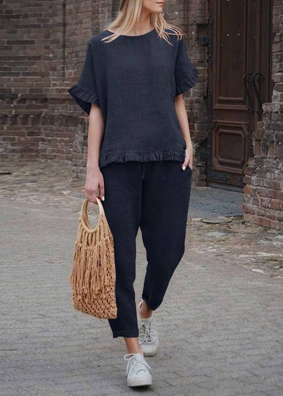 Casual And Patchwork Pants Crop Ruffled Two Top Solid Black