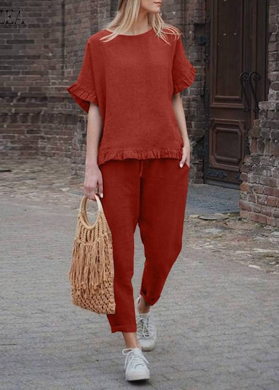 Casual And Patchwork Pants Crop Ruffled Two Top Solid Black