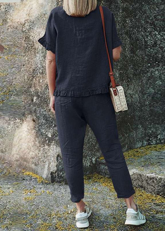 Casual And Patchwork Pants Crop Ruffled Two Top Solid Black