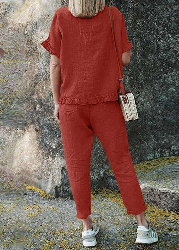 Casual And Patchwork Pants Crop Ruffled Two Top Solid Black