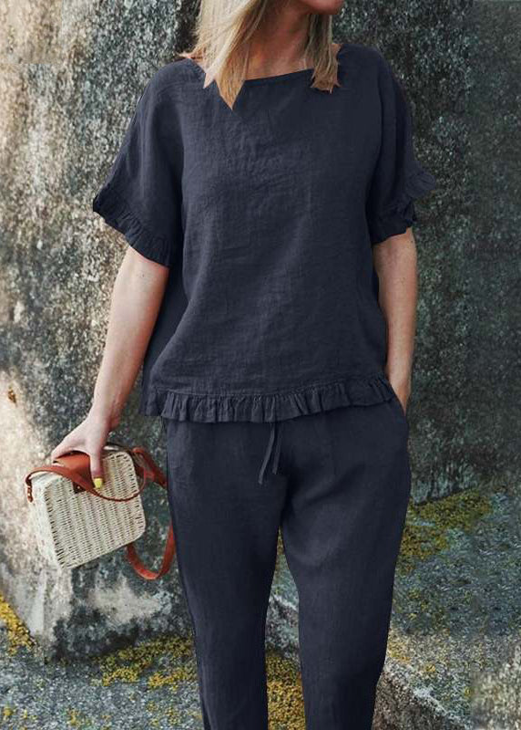 Casual And Patchwork Pants Crop Ruffled Two Top Solid Black