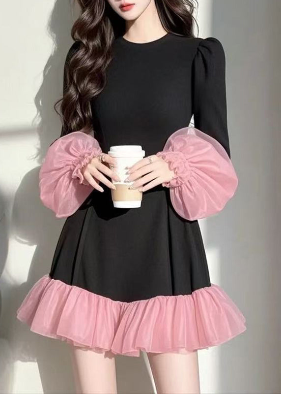 Black Dresses Puff Casual Sleeve Vacation Patchwork Mid Tulle