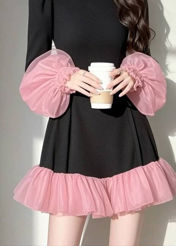 Black Dresses Puff Casual Sleeve Vacation Patchwork Mid Tulle