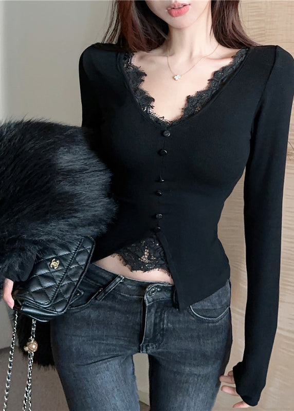 Casual Black V Neck Patchwork Cotton Shirts Spring YP009