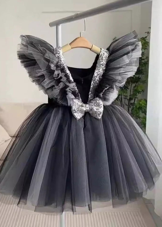 Tulle Summer Patchwork Black Long Girls Casual V Neck Dress