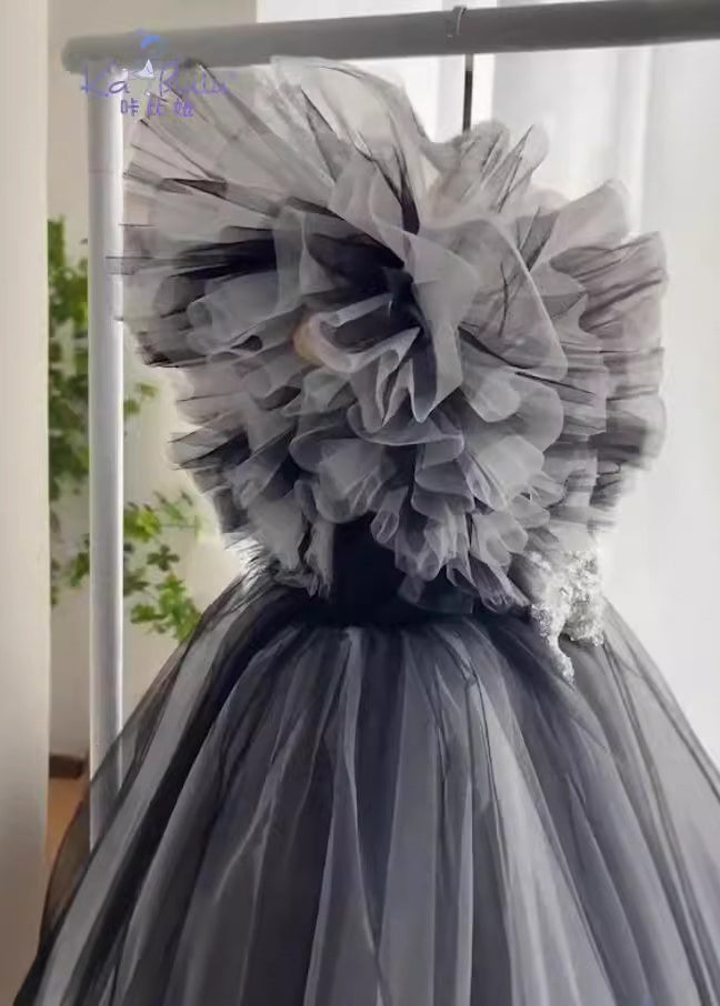 Tulle Summer Patchwork Black Long Girls Casual V Neck Dress