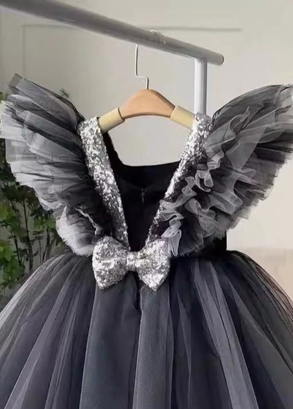 Tulle Summer Patchwork Black Long Girls Casual V Neck Dress