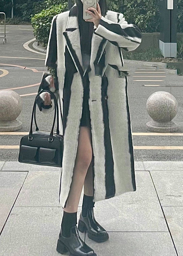 Casual Black White Striped Notched Button Woolen Maxi Coats Winter RP001