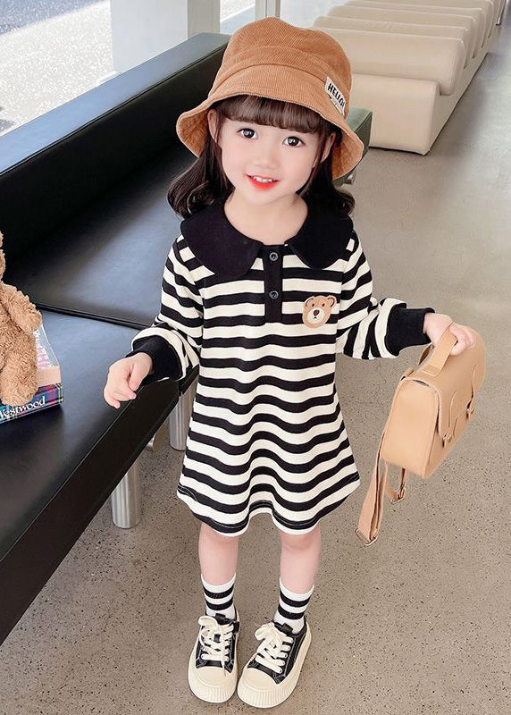 Casual Black White Striped Peter Pan Collar Print Kids Mid Dress Fall SS1051