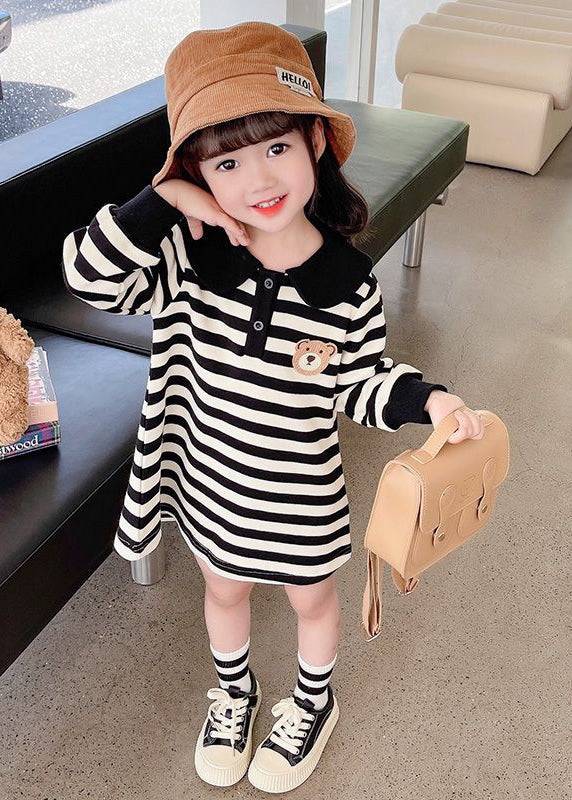 Casual Black White Striped Peter Pan Collar Print Kids Mid Dress Fall SS1051