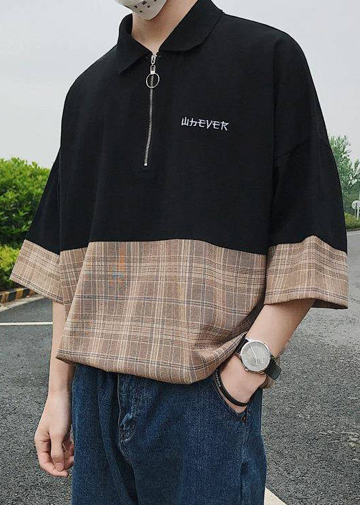 Casual Apparel Up Shirts Patchwork Men Zip Black Polo Cotton