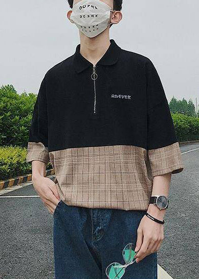 Casual Apparel Up Shirts Patchwork Men Zip Black Polo Cotton