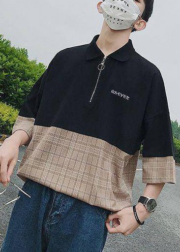 Casual Apparel Up Shirts Patchwork Men Zip Black Polo Cotton