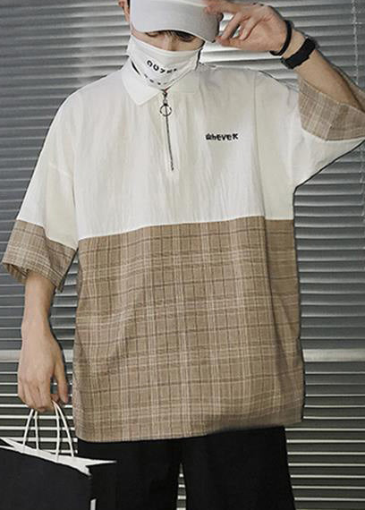 Casual Apparel Up Shirts Patchwork Men Zip Black Polo Cotton