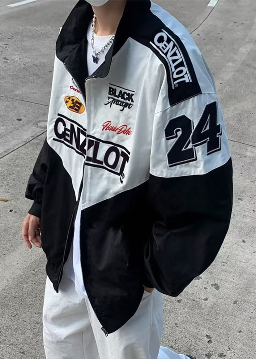 Casual Black Zippered Letter Patchwork Cotton Men Coat Spring TC001