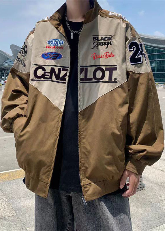 Casual Black Zippered Letter Patchwork Cotton Men Coat Spring TC001