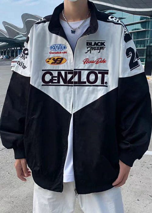 Casual Black Zippered Letter Patchwork Cotton Men Coat Spring TC001