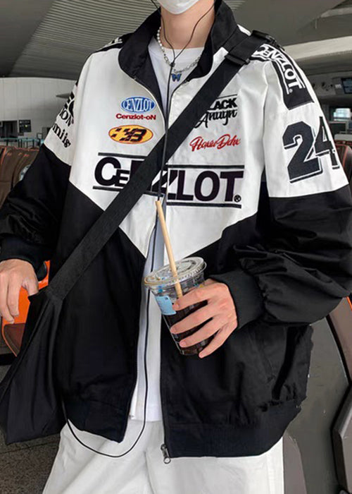 Casual Black Zippered Letter Patchwork Cotton Men Coat Spring TC001