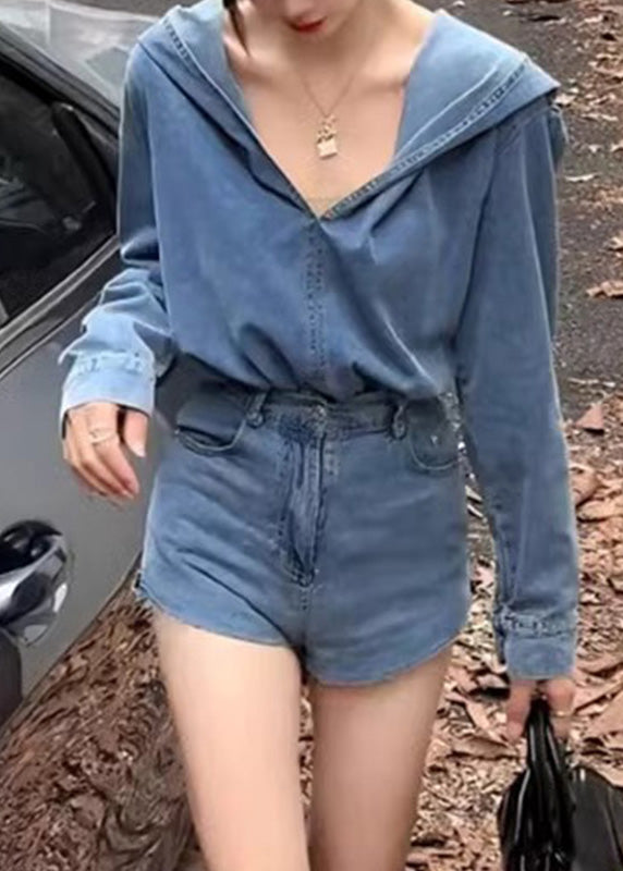 Casual Blue Denim Hooded Top And Shorts Two Pieces Set Spring RP007