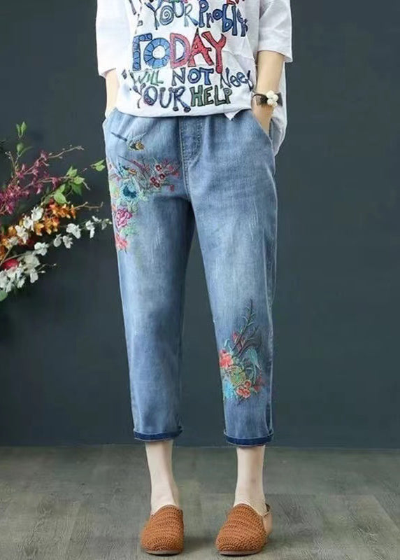 Embroidered Blue Ripped Summer Denim Pants Casual