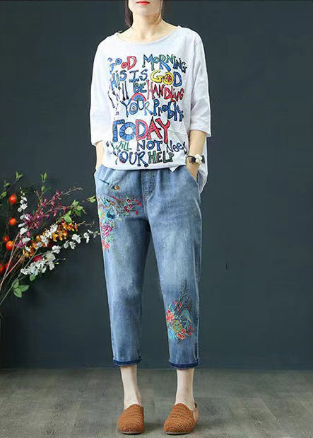Embroidered Blue Ripped Summer Denim Pants Casual