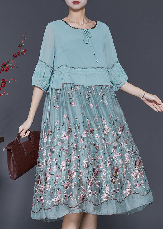 Casual Blue Embroidered Ruffled Silk Dress Half Sleeve SD1097