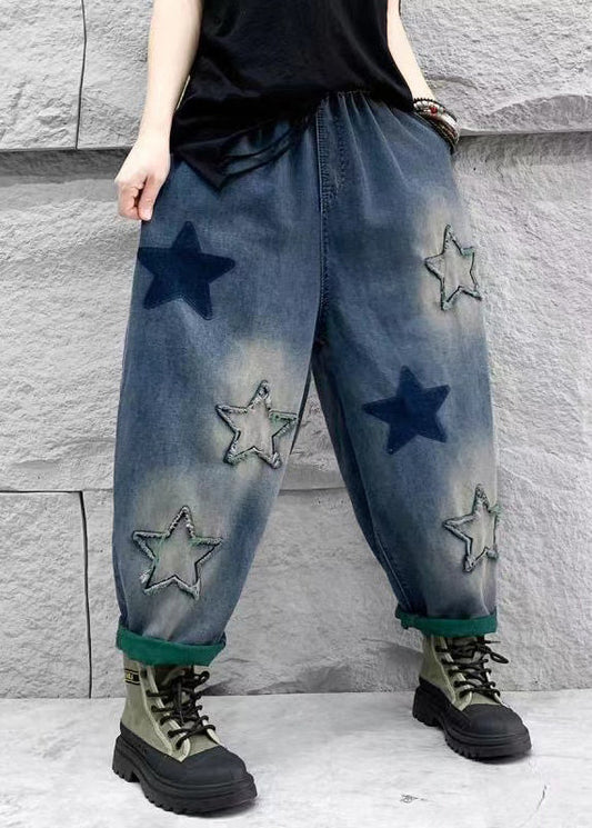 Casual Blue Five Pointed Star Patch Elastic Waist Denim Harlan Pants Spring QQ1007