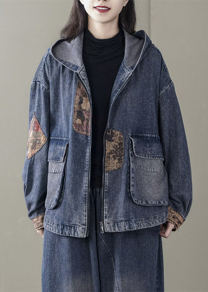 Blue Spring Casual Denim Coats Hooded Patchwork